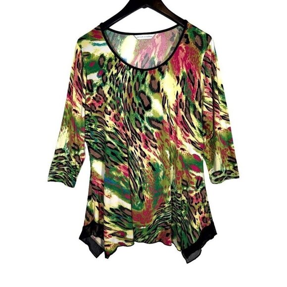 Peter Nygard NEON Leopard Print Jersey Stretch Top Blouse Longline Plus Size 1X - Picture 1 of 8